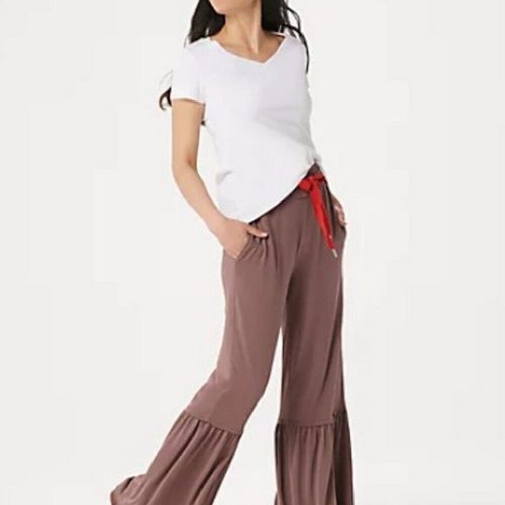 Peace Love World M BOHO Espresso & Red RUFFLE Flare Pants UNIQUE FESTIVE So Soft - Picture 3 of 16